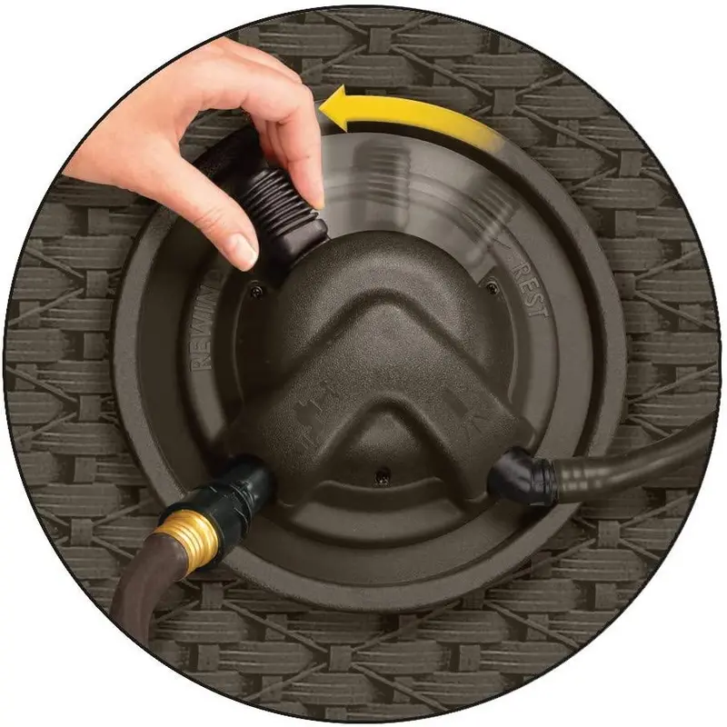Suncast Aquawinder 125-Inch Retractable Hose Reel – Water-Powered, Portable Wicker Design in Java Finish