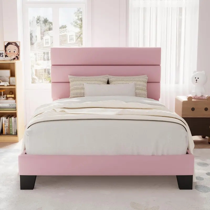 Upholstered Queen Platform Bed – Soft-Fabric Headboard Frame with Reinforced Solid Wood Slats