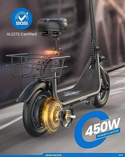 URBANMAX C1 Foldable Electric Scooter – 450W Motor, 22-Mile Range, Built-in Seat, and Dual Braking System (Black)