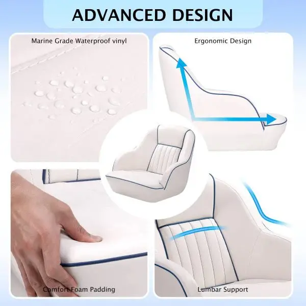 White-and-Blue Pontoon Boat Captain’s Seat — Space-Saving Fold-Back Backrest Design