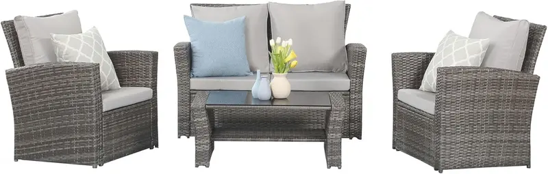 Wisteria Lane Navy Blue 4-Piece All-Weather Wicker Patio Sofa Set Including Comfort Cushions and Clear Glass Coffee Table