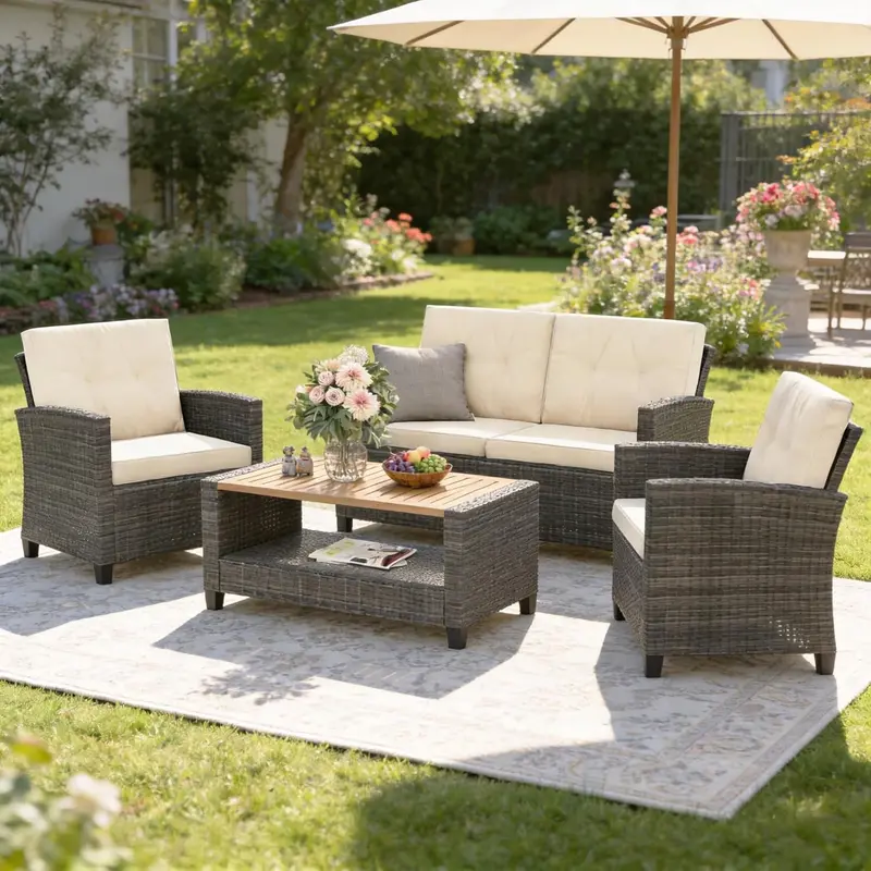 Wisteria Lane Navy Blue 4-Piece All-Weather Wicker Patio Sofa Set Including Comfort Cushions and Clear Glass Coffee Table
