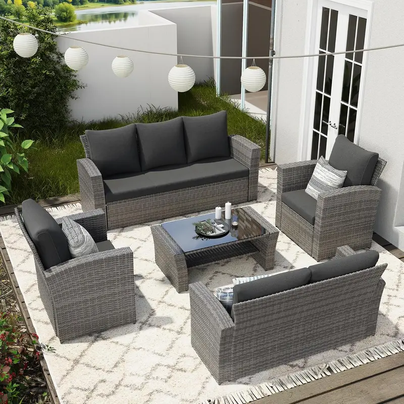 Wisteria Lane Navy Blue 4-Piece All-Weather Wicker Patio Sofa Set Including Comfort Cushions and Clear Glass Coffee Table